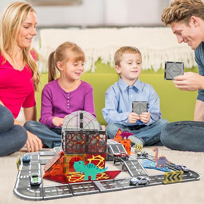 Magnetic Tiles Road Set with Pullback Car, Magnetic Tiles for Kids Ages 3-5 4-8, Magnet Building Tile for Toddler Kids Boys Girls, Creative STEM Building Toy & Learning Educational Magnet Toys