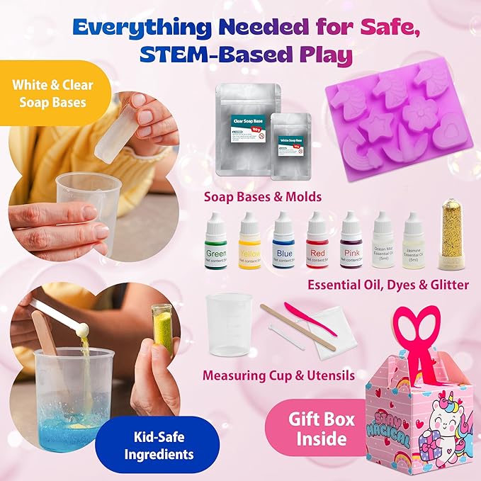 Pinwheel Crafts DIY Soap Making Kit for Kids Ages 5 6 7 8-12+ with Molds, Scents, Dye, Glitter, Foaming Net - Unicorn Soap Making Kits for Adults Beginners Great for Science Projects and Crafts