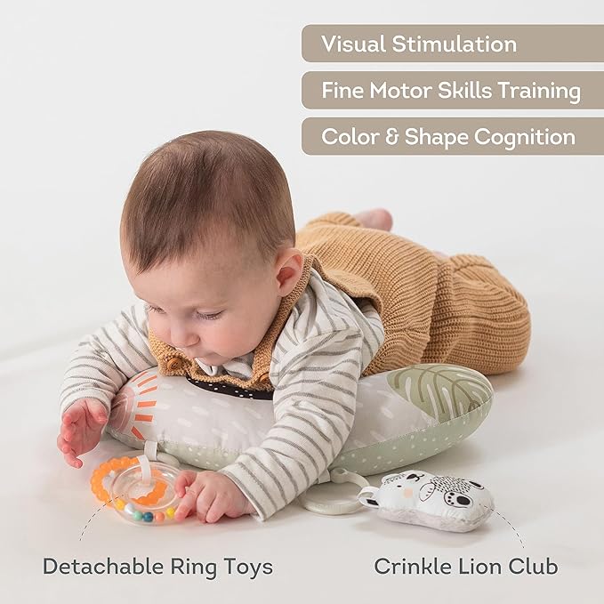 Taf Toys Ergonomic Tummy Time Cushion with Teether and Rattle - Soft and Supportive Baby Cushion for Enhanced Motor Skills Development