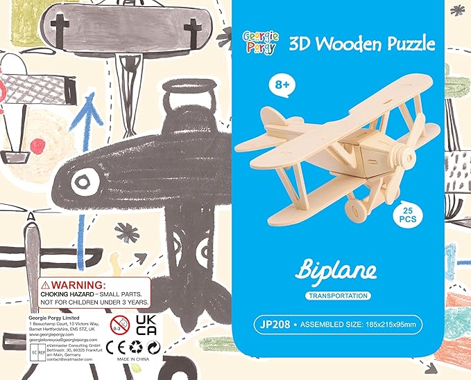 Georgie Porgy 2 Packs of 3D Wooden Puzzles, DIY Models Kits for Kids, Dinosaur Animal Airplane Car Woodcraft Construction Toy DIY Projects (Biplane Helicopter)