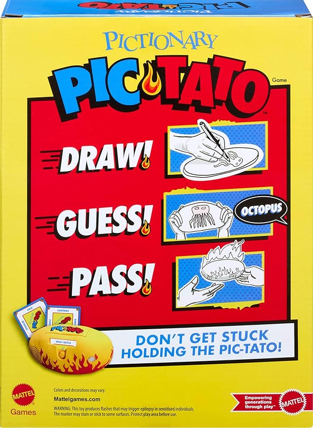 Mattel Games Pictionary Pic-Tato Hot Potato Game, Talks and Plays Music, Family Game for Kids, Adults with Erasable Markers and Boards