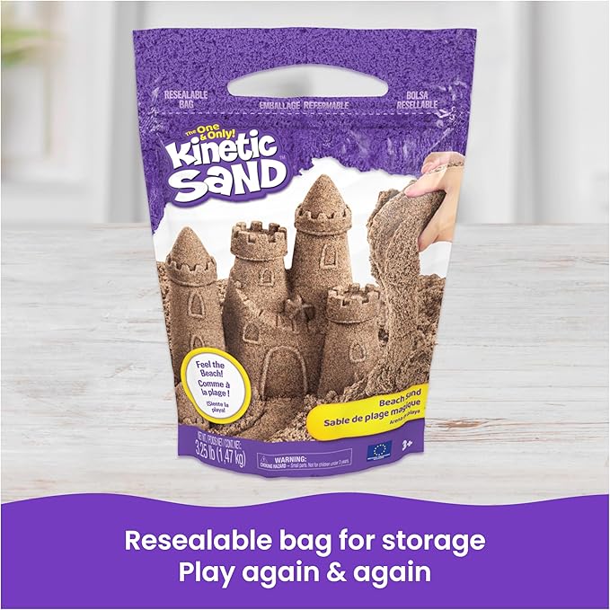 Kinetic Sand, 3.25lbs Beach Play Sand, Moldable Sensory Toys for Kids, Resealable Bag (Packaging May Vary), for Ages 3 and up