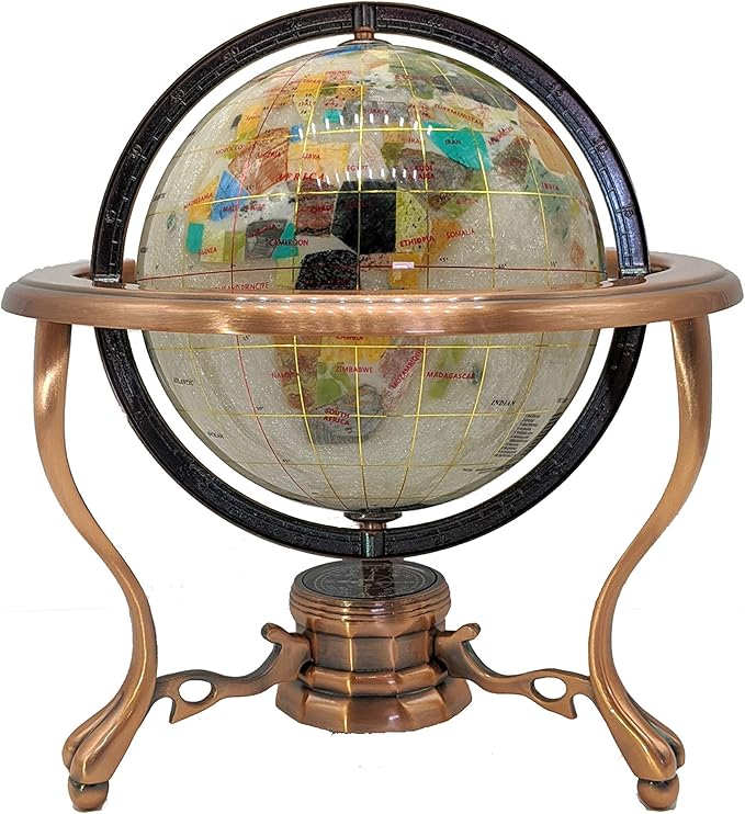 Unique Art 10-Inch Tall Table Top Pearl Ocean Gemstone World Globe with Copper Tripod Stand (150 GT Pearl Copper)
