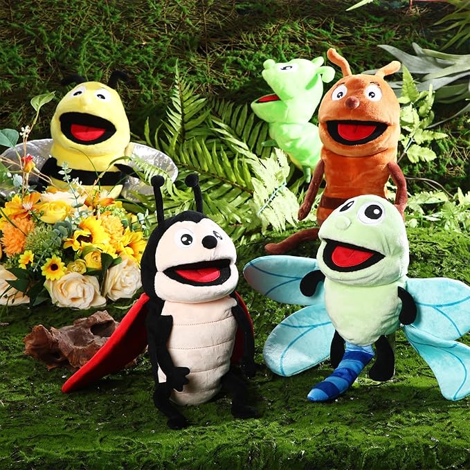 Lenwen 6 Pcs Operation Christmas Items Bulk Animal Hand Puppets with Working Mouth 10 Inches Plush Puppets for Toddler Kid Storytelling Imaginative Role Play Show Party Gifts(Insect)