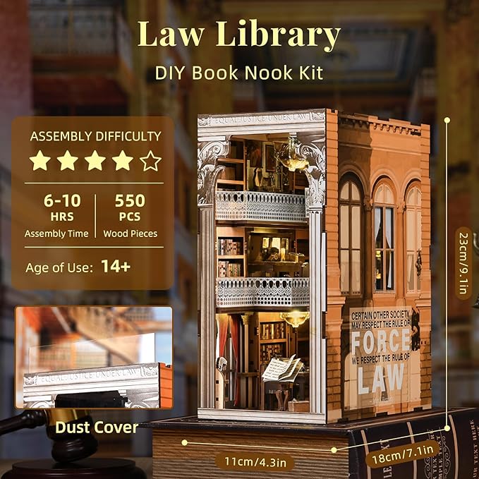 DIY Book Nook Kit for Adults and Teens, Miniature Dollhouse Booknook Kit, 3D Wooden Puzzle Booknook Bookshelf Bookcase Model Build Kit Decor Alley with LED Light (Law Library)