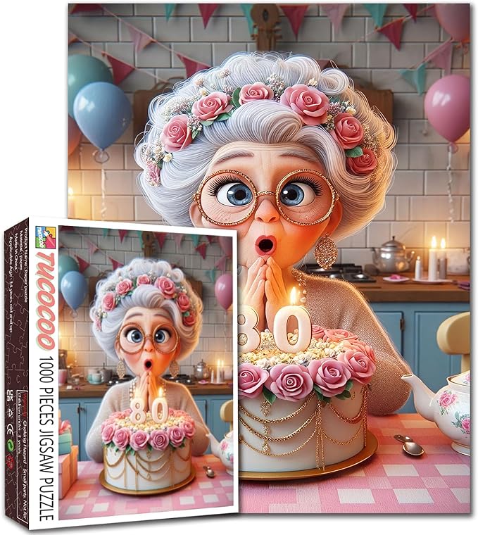 Grandma's 80th Birthday Puzzles for Adults 1000 Pieces Elegant Granny DIY Handwork Puzzles Cake Art Jigsaw Puzzles for Home Decoration Difficult and Challenge Large Puzzle Family Games Unique Gifts