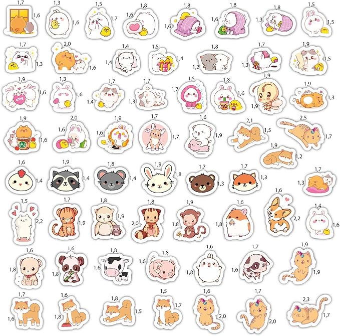 BulbaCraft Kawaii Animal Stickers - Cute Decals for Water Bottles – Cartoon Animal Stickers - Cute Japanese Kawaii Decals, Gifts for Women & Men