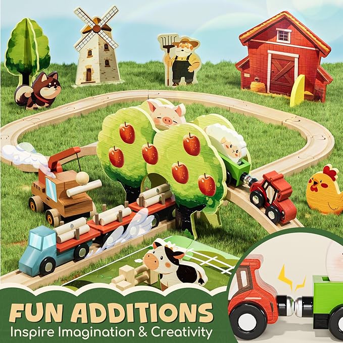 Lehoo Castle Wooden Train Set for Toddlers 2-4, Wooden Train Track, Farm Animals Toys for Ages 3-5, 3 Year Old Boy Gift, Toys for 4 Year Old Boys