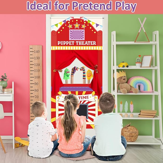 Doorway Puppet Theater with 2 Adjustable Rods 31x67 In Red Yellow Foldable Hanging Puppet Show Theater for Kids Pretend Play Hand Puppets Educational Kids Activities Toys Easy to Set Up Put Away