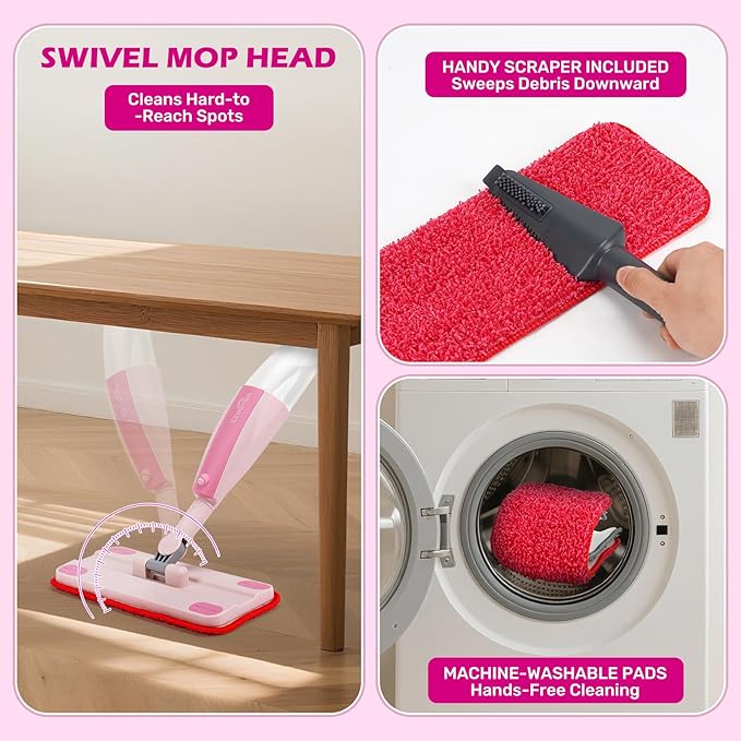 Dreamon Kids Spray Mop - Real Working Toddler Cleaning Set with Water Sprayer & 3 Washable Mop Pads & Scraper, Pretend Play Montessori Housekeeping Toys Gifts for Toddlers Kids Girls Boys(Pink)