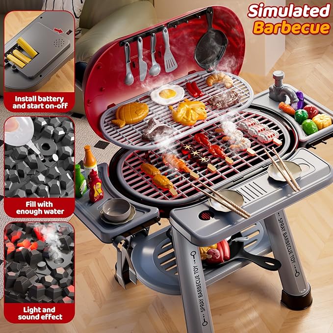 Kids Grill Playset for Toddlers 3-5, 2-Layer Outdoor BBQ Cooking Toy with Smoke, Lights and Sounds, Backyard Pretend Play Kitchen Set, Outside Toys for Boys and Girls