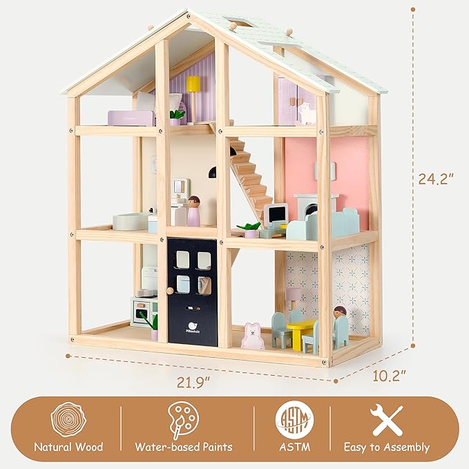 Wooden Dollhouse, 3-Story Wooden Doll House with 38-Piece Furniture, 6 Rooms Modern Family Playhouse, Movable Stairs & Adjustable Pendant Lights, Gift for Kids Ages 3+