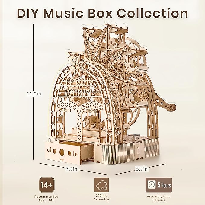 3D Wooden Puzzles for Adults: 3D Puzzle Light-Up Ferris Wheel with Music Box - 222psc Wooden Puzzles Model Building Kits Fun Gifts for Adult with Storage Box - Hobbies for Men Women