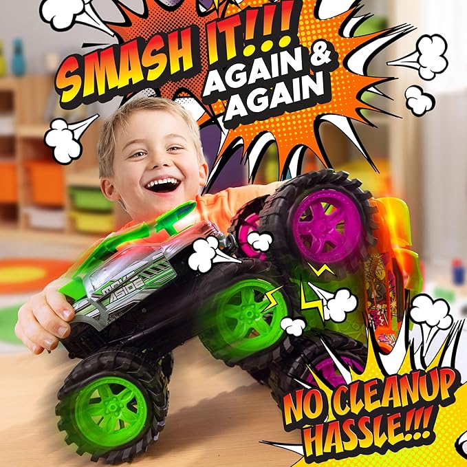 Exploding Monster Truck Toy with Explosive Crash Sounds and Lights, Smash It Up Again and Again, 8.7” Monster Truck Toys for Boys Kids Ages 3, 4-7 & Above | Toddler Toys for 3 Year Old Boys Gift