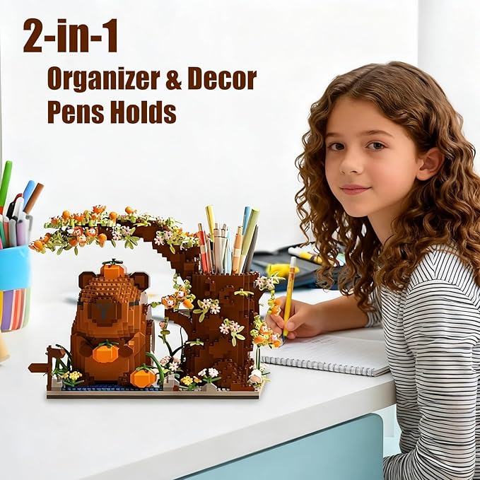 Capybara Building Blocks Set -1880PCS Cute Animals & Flowers Building Bricks Kit Kawaii Capybara Gifts Toy for Kids Age 6+, Capybara Stuff Pen Holder&Desk Organizer, Arts & Crafts for Boys Girls Adult
