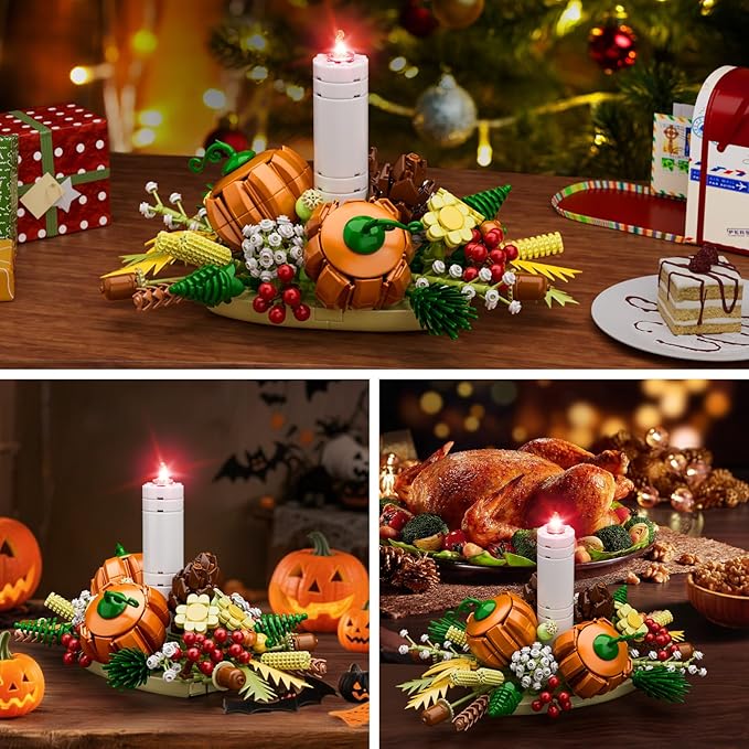 Fall Harvest Building Blocks Set – DIY Autumn Dinner Table Centerpiece Decor with White Candle, Pumpkin, Pinecones, Berries, Wheat, Thanksgiving, Halloween and Christmas Decoration (832 Pieces)