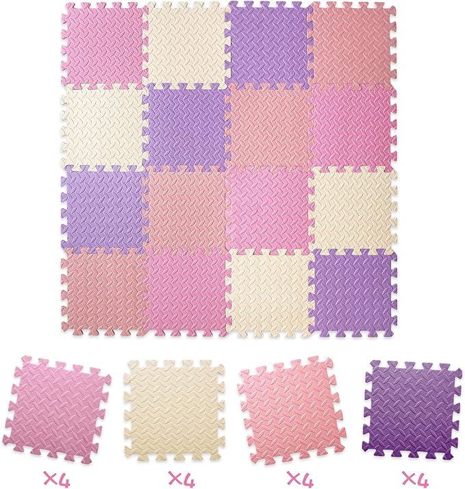 16-Tile Soft & Safe EVA Foam Play Mat for Baby - Square, Solid Colored Kids Puzzle Floor Mat, 47x47 - Purple/Pink/Loli Pink/Beige