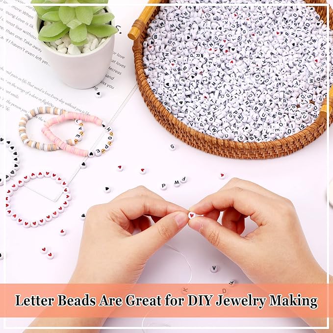 Letter Beads, DECYOOL 1900Pcs 4×7mm Wihte Black Acrylic Alphabet Beads with 1 Roll Elastic String for Bracelet Necklace