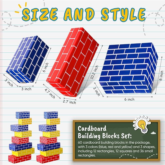 Nuanchu 60 Pcs Cardboard Building Blocks for Kids Large Jumbo Square Rectangle Thick Cardboard Pretend Bricks for Building Stacking Game(Assorted Shapes)