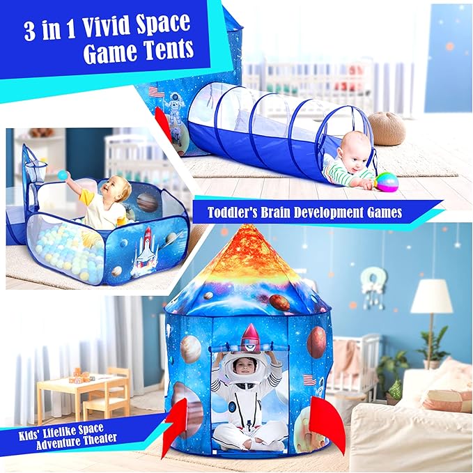 PigPigPen 3pc Kids Play Tent for Boys with Ball Pit, Crawl Tunnel, Rocket Ship Tents for Toddlers, Baby Space World Playhouse Toys, Boys Indoor& Outdoor Play House, Perfect Kid’s Gifts