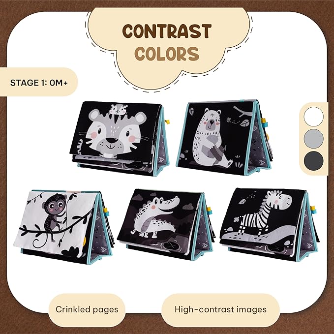 Tummy Time Mirror for Babies - High Contrast Book with Large Stimulating Baby Safe Mirror & Silicone Teether & Crinkle Pages - Perfect Tummy Time Toys for Babies 0 3 6 9 Months