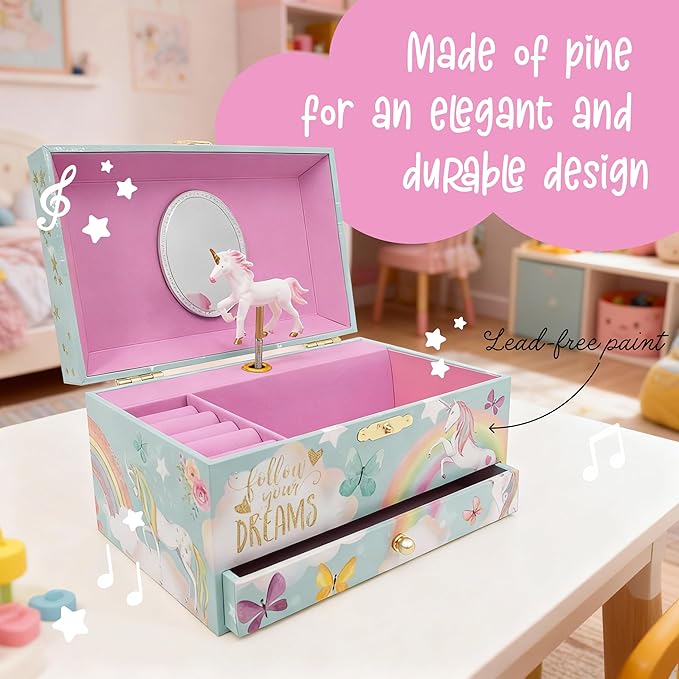 The Memory Building Company Unicorn Musical Jewelry Box, Classic Melody Storage Organizer Kids Ages 6-12, Wood Construction w/ 2 Compartments