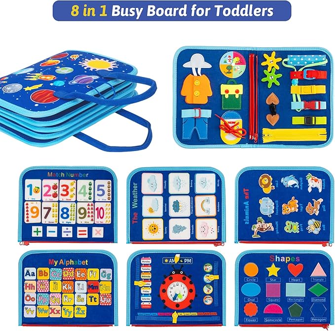 Toddler Busy Board Montessori Toys for 3 4 5 6Year Old, Preschool Learning Activities with Life Skills,ABC,123,Shape,Color,Animal,Weather,Toddler Travel Toys，Educational Activity Developing Sensory