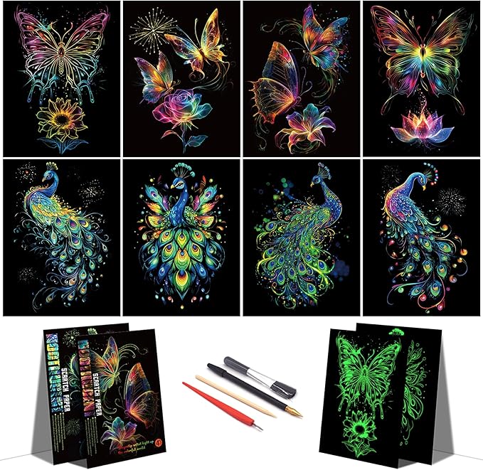 Scratch Paper Art for Adults-Glow in The Dark Scratch Painting Craft Kit (8 Sheets A4)|Foil Engraving Art Set|Stress Relief Gift for Craft Lovers|Creative Scratch Art Home Decor(Butterfly&Peacock)‌