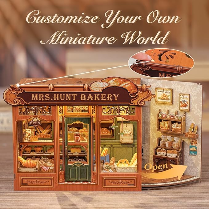 Fsolis Book Nook Kit - DIY Miniature Scene Kit for Adults 3D Wood Puzzles Tiny House Mini Craft Bookshelf Decor Gifts for Women Teenagers Book Lovers (MRS.Hunt Bakery)