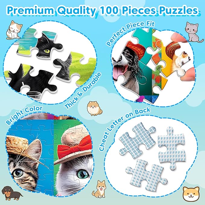 4 Packs 100 Piece Puzzles for Kids Ages 4-6 6-8 8-10, Lovely Cats Dogs Kids Puzzles Ages 5-8 100 Piece Large Jigsaw Puzzles for Adults Seniors Educational Toys Gifts for Girls Boys