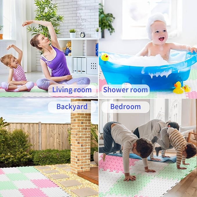 Foam Play Mat for Baby, 0.4 Inch Thicked Interlocking Floor Mats with Solid Colors, Squares Non-Toxic Baby Play Mat, EVA Foam Puzzle Floor Mats for Toddlers, 16 Tiles(White/Pink/Bean Green)