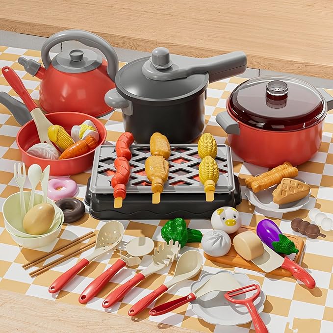 Kids Kitchen Toy Accessories, 61PCS Toddler Pretend Cooking Play Pots, Kitchen Playset, Play Pots, Pans, Utensils Cookware Toys, Play Food Set, Vegetables, Learning Gift for Girls Boys (Red)