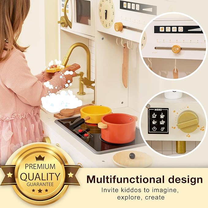 Kids Wooden Play Kitchen Set with Oven, Ice Maker & Coffee Maker - Pretend Cooking Toy Gift for Toddlers 3+ Years