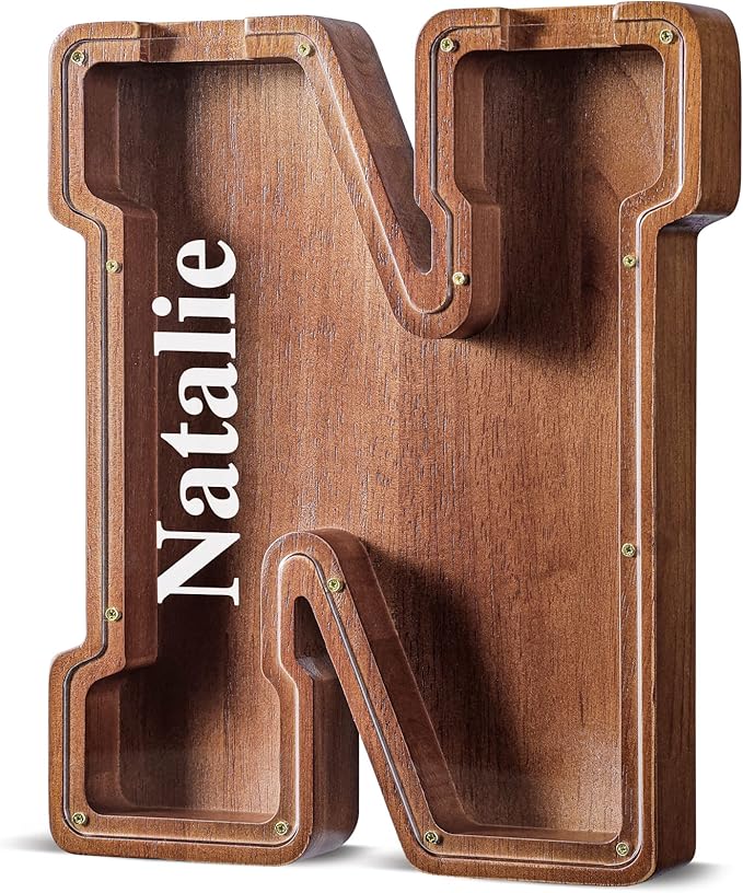 Summidate Customized Name Extra Large Wooden Piggy Bank for Kids Boys Girls Alphabets Letter A-Z Coins Bills Money Change Saving Box Clear Cover (Laser Engraved) Educational Toys 12"- Letter M