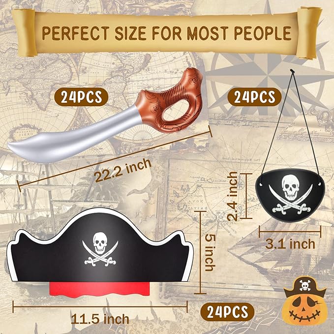 Legigo 72 Pcs Pirate Party Set- Include 24 Pirate Hats, 24 Eye Patches, 24 Inflatable Swords Pirate Accessory for Caribbean Fancy Dress Cosplay Themed Party Stage Prop