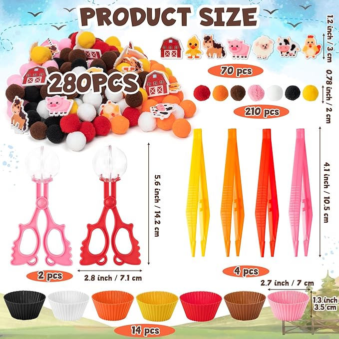 EZdhuawuse Farm Animals Sensory Bin Fillers - 301 Fall Animals Fine Motor Toys Sorting Stacking Toys for Kids, Felt Pig Horse Sheep Pom Poms Cup Clip for Preschool Education Early Development Activity