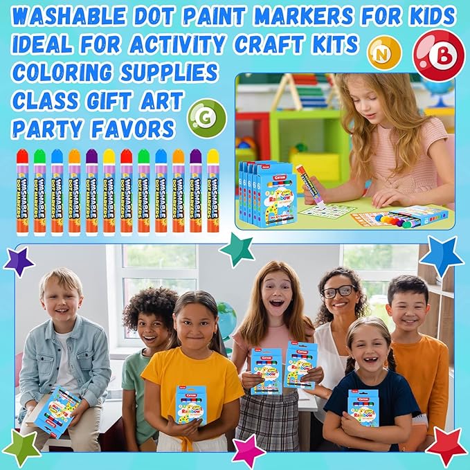Crtiin 72 Pack Dot Markers Bulk, 6 Colors 12 Boxes Washable Dot Paint Markers for Kids Bingo Daubers Supplies Ideal for Activity Craft Kits Coloring Supplies Class Gift Art Party Favors