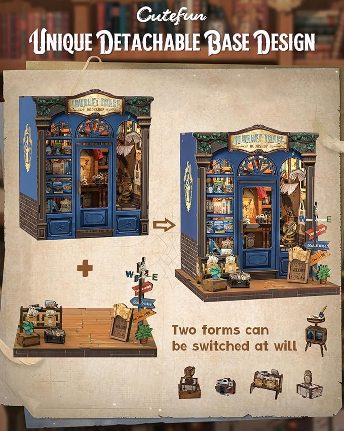 Cutefun Book Nook Kit - DIY Miniature Dollhouse Booknook Kit for Adults and Teens, Tiny House Bookshelf Insert Decor with LED Light, Gifts for Family and Friends (Journey Trace Bookshop)
