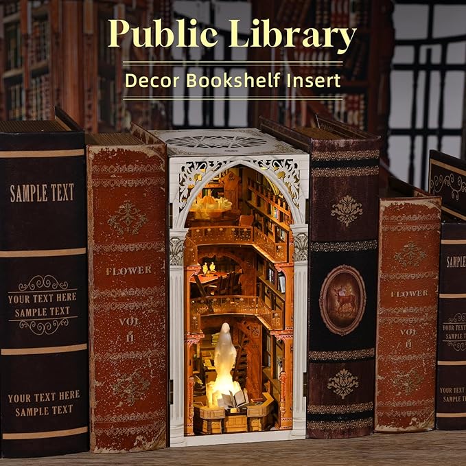 Book Nook Kit, DIY Miniature House Kit 3D Wooden Puzzle for Adults Booknook Kit with Dust Cover Book Decor Bookshelf Decoration Decorative Bookends Women Craft Gifts for Teens (Public Library)