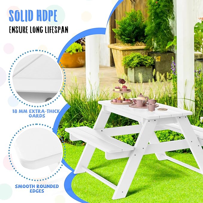 Costaelm Kids Picnic Table, HDPE All Weather Outdoor Toddler Picnic Table and Chair Set Kids Bench for Patio, Backyard, Garden, Lawn, White