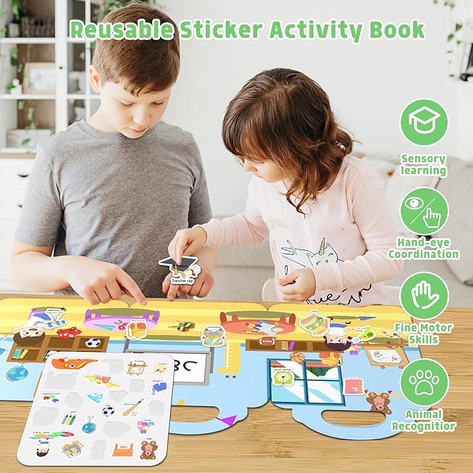 JOFREY at School Reusable Sticker Book,Jelly Sticker for Kids,50pcs Stickers ，Quiet Busy Book Preschool Learning Activities for Toddlers Ages 3-6
