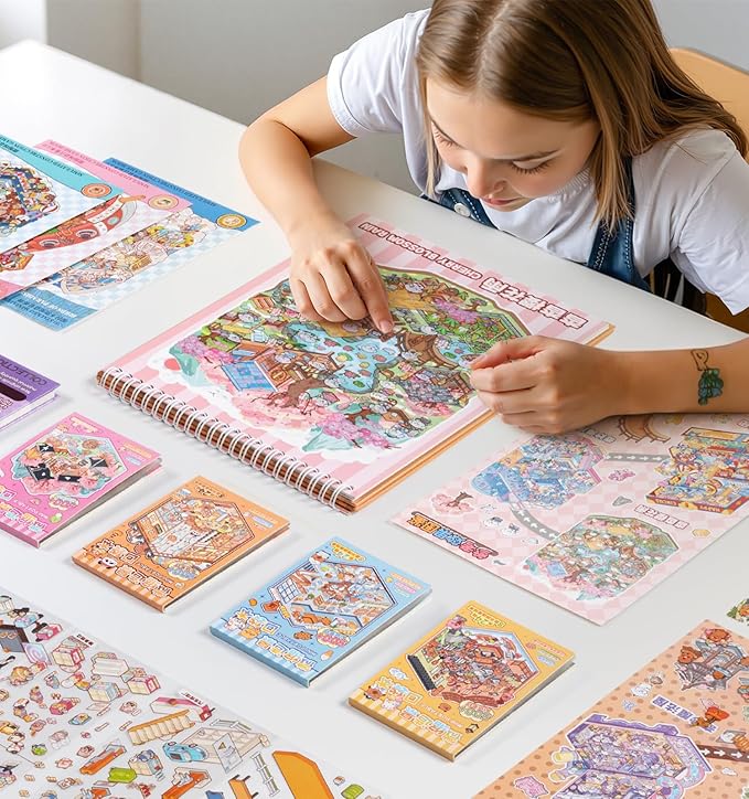 DIY 3D House Stickers, 4 Sets Fun DIY Stickers Scene Make Your Own Mini House Cute Cartoon Animal Scene Stickers for Kids Adult Sticker Art Relief Stress Pass The Time-20 Sets