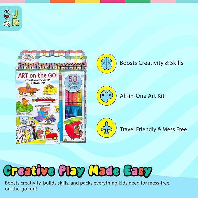 Bright Stripes Richard Scarry Busy World Art on The Go Travel Kit for Kids| Preschool Coloring & Activity Set Ages 3+| 50 Pages,Stickers & Crayons|Creative On-The-Go Fun for Toddlers & Young Children