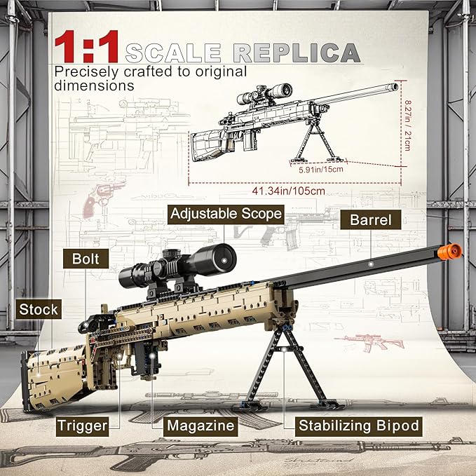 M24 Building Blocks Gun-Sets for Adults Boys, 1:1 Sniper Rifle Big Model Kit That Shoot Army Toys for Kids Age 8+, Realistic Military Collection Cool Birthday Gifts for Teen Men 1380pcs