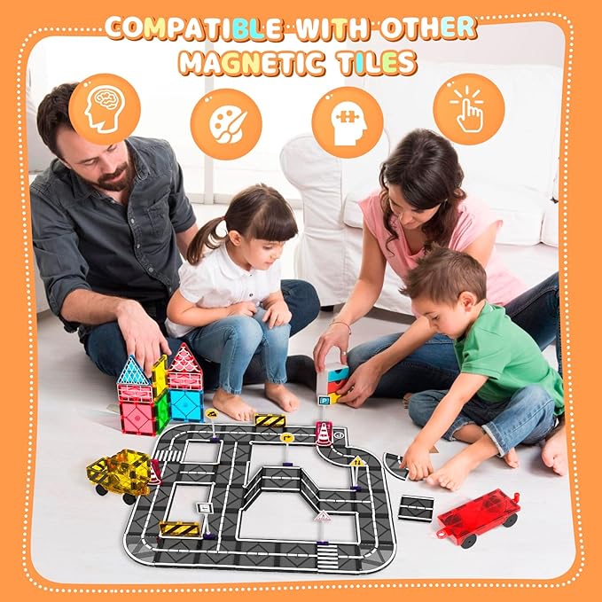 Magnetic Tiles Building Blocks for 3 4 5 6 7 8+ Years Old Boys Girls Colorful Magnet Stacking Toys Birthday Gift for Toddlers STEM Preschool Educational Construction Tiles Set (Magnetic Road)