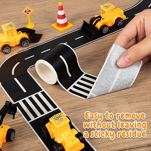 HFKPJRT Removable Toy Car Road Tape Stickers for Kids, 4 Rolls Roadway Tape with Curves, Black Residue Free Road Car Track Tape for Kids Birthday Party Racing Party Decoration, 2 Inch Wide 65 FT Long