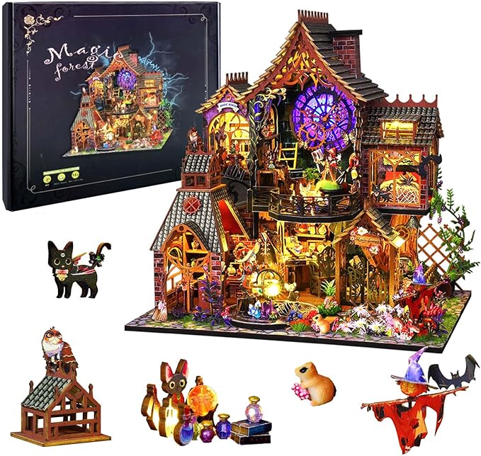Miniature House Kit Magic Forest, DIY Mini House Building Kit, Miniature Kit for Adults with Furniture and LEDs, Great Gift for Girls Teens Family