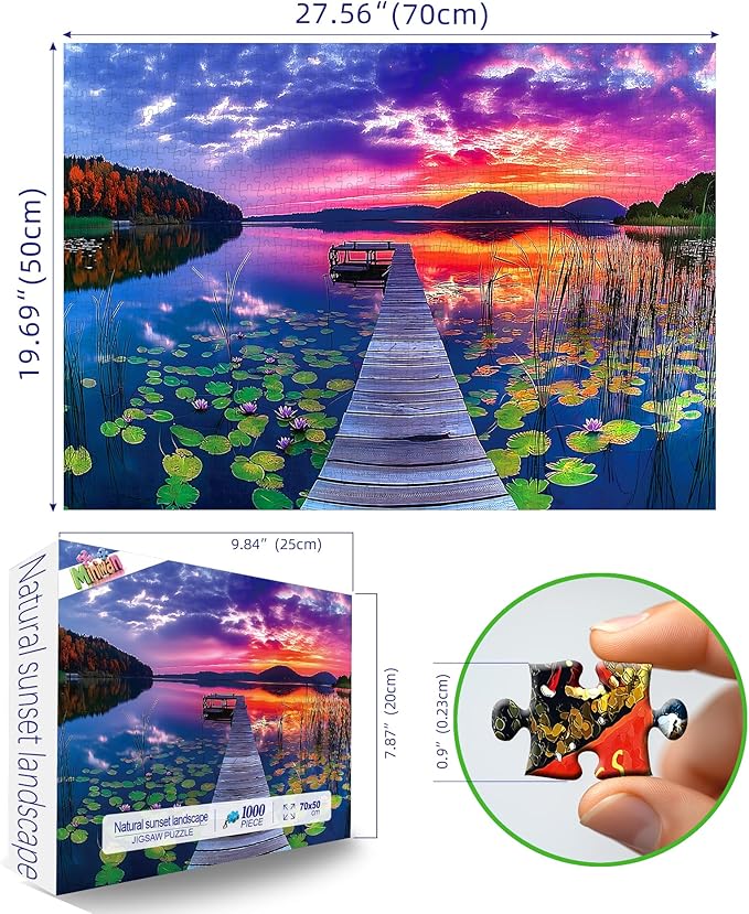 Sunset Lake Dock 1000 Piece Jigsaw Puzzle for Adults Beautiful Wooden Bridge Landscape with Mountains Natural Scenery Vibrant Sky Lily Pads Challenging uzzle for Game Night & Home Decor (27" x 20")