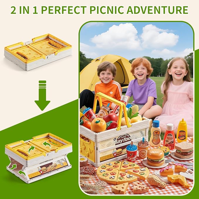 Play Food Sets for Kids Kitchen, Wheat Straw Pretend Food Toys with Kids Picnic Basket and Picnic Blanket, Cutting Toy Food, Fake Food with Pizza Toy, Play Kitchen Accessories, STEM Gift for Boy Girl