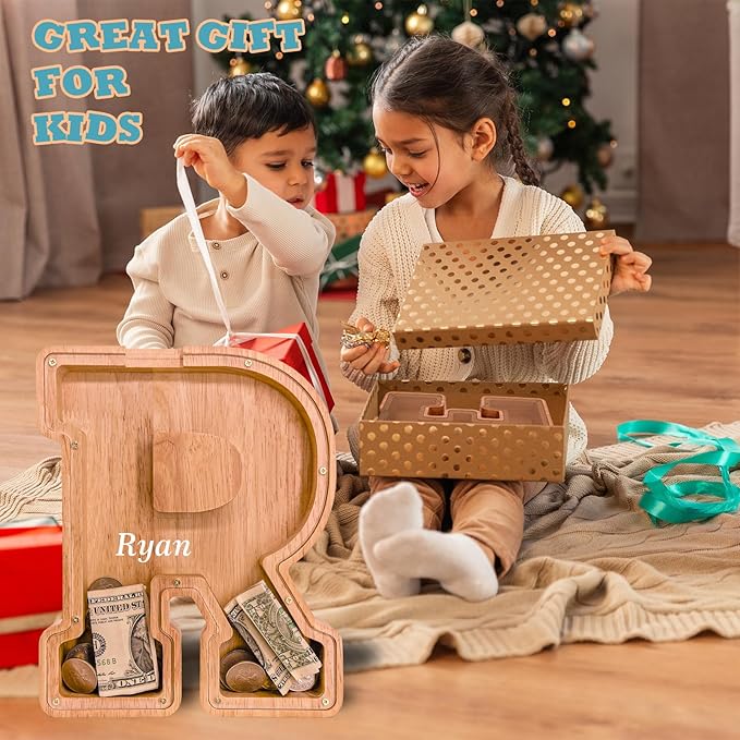 Wooden Letter Piggy Bank for Kids Larger Letter Piggy Bank for Boys and Girls Personalized Piggy Bank Initial Coin Bank Wood Kids Money Bank for Birthday and Festival